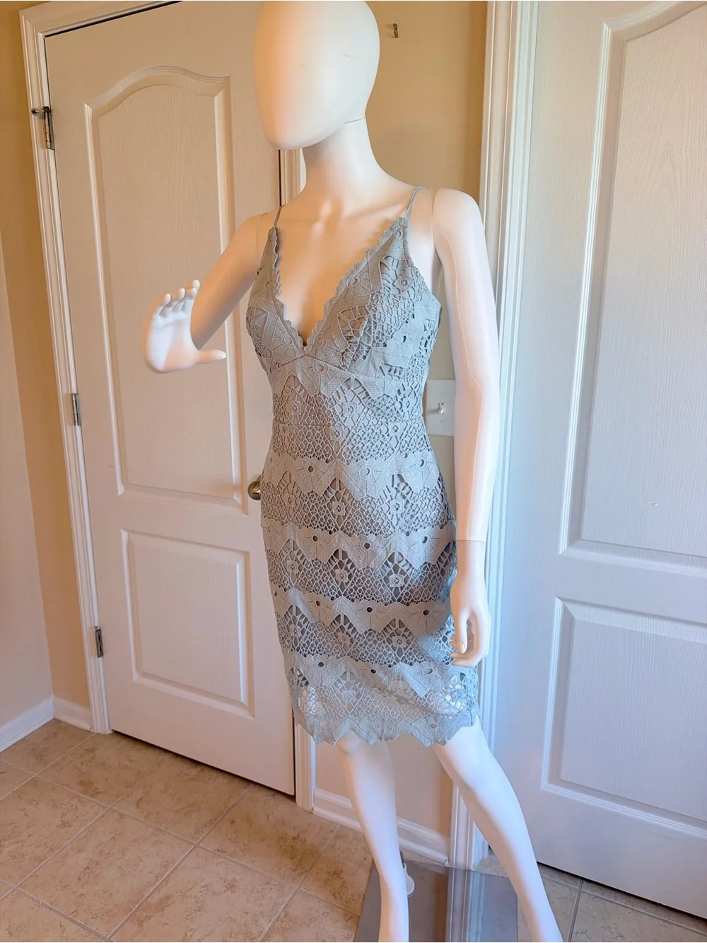 Lulus Sway Away Light Blue Crochet Lace V-Neck Dress Size S